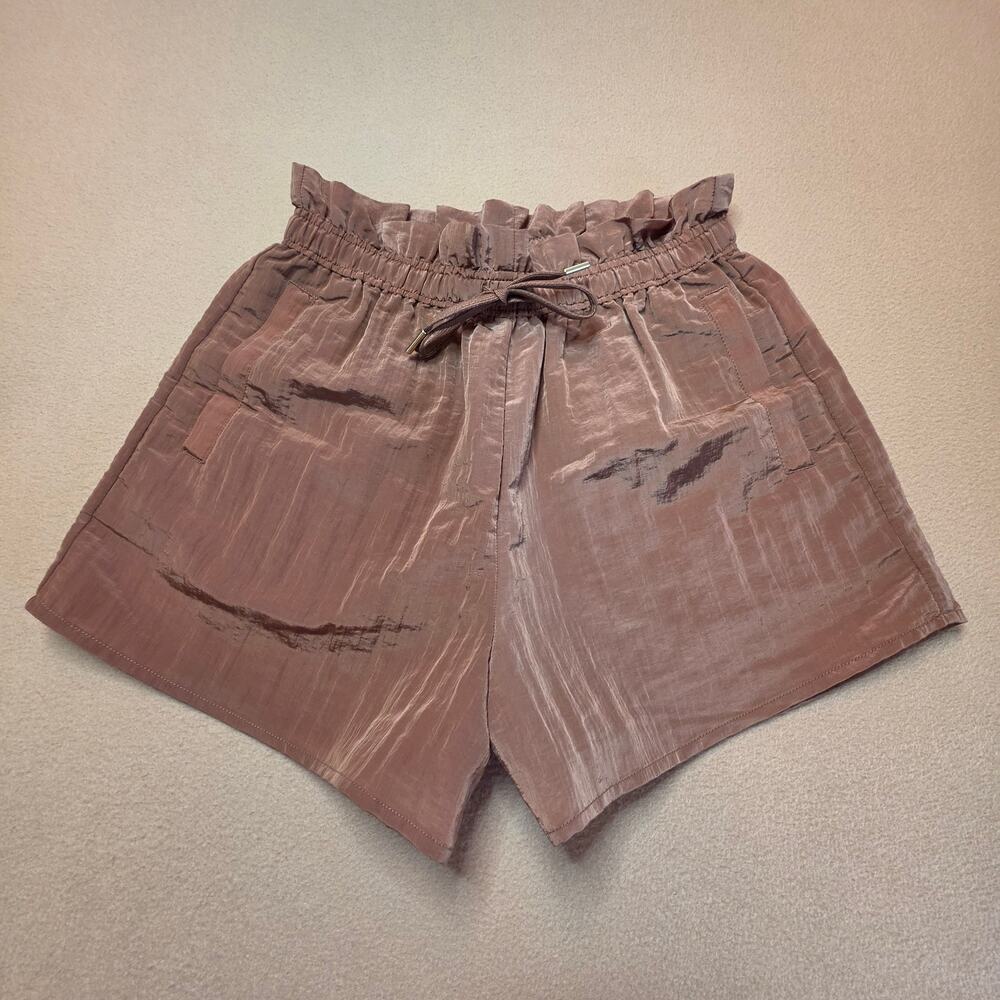 Varley Tulair Shimmer Shell High-Rise Shorts 3" Tan Brown Sz Small Elastic Waist